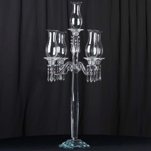 5 Arm Crystal Glass Taper Candle Holder Candelabra 40" - Luxurious Table Centerpiece With Chandelier Chains